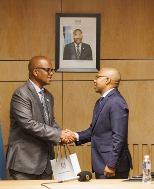 Minister for State Presidency, Defence and Security, Moeti Mohwasa and His Excellency Sandro de Oliveira, Ambassador of Angola to Botswana